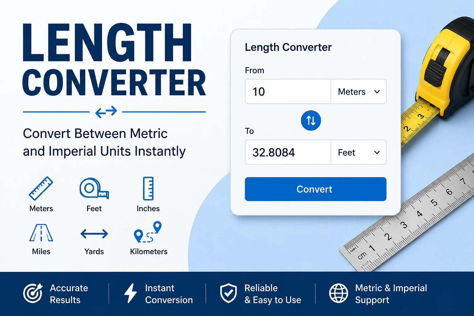 Length Converter (Meters, Feet, Inches, Miles) Instant Tool